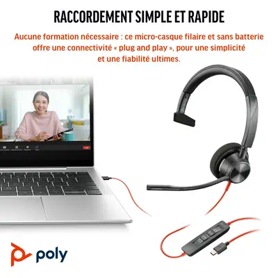 Casque USB-C Poly Blackwire 3310 Poly - visuel 1 - hello RSE - Confort longue durée