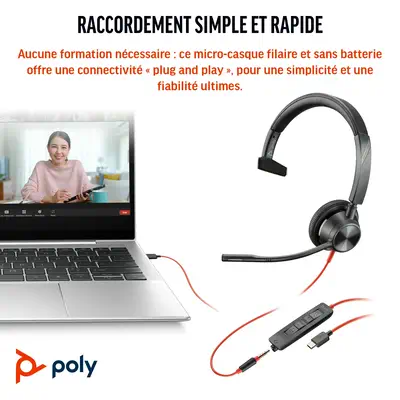 Poly Blackwire 3315-M Microsoft Teams Certified USB-C 3.5mm Mono Headset - Casque Micro - visuel 1