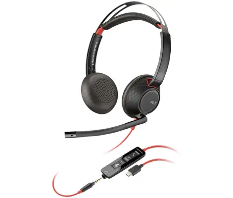 Micro-casque Poly Blackwire C5220 USB-C + câble commandes Poly - visuel 1 - hello RSE - Avec ses coussinets repliables et sa boîte de transport incluse, ce micro-casque s'emmène partout