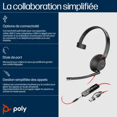 Micro-casque Poly Blackwire C5210 USB-C + câble commandes Poly - visuel 1 - hello RSE - Une qualité d'appel améliorée