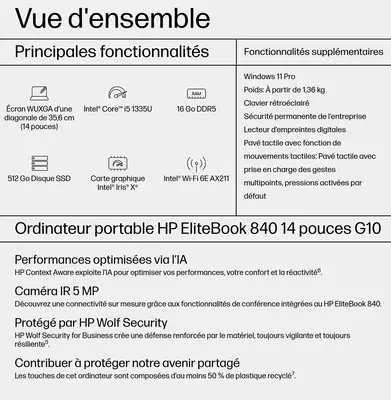 HP EliteBook 840 G10 Intel® Core™ i5 i5-1335U HP - visuel 1 - hello RSE - Caméra IR 5 MP