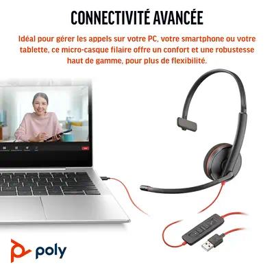 Micro-casque Poly Blackwire 3210 monaural USB-C + adaptateur Poly - visuel 1 - hello RSE - Options de connectivité