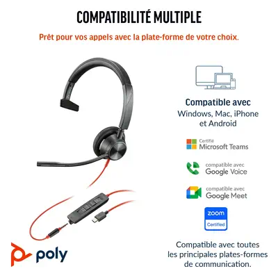 Micro-casque Poly Blackwire 3315 monaural USB-C + connexion Poly - visuel 1 - hello RSE - Qualité audio optimisée