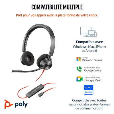 Micro-casque Poly Blackwire 3320 stéréo USB-C certifié Microsoft Teams + adaptateur USB-C/A - Casque Micro - visuel 7