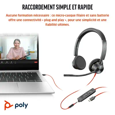 Micro-casque Poly Blackwire 3325 stéréo USB-C + connexion Poly - visuel 1 - hello RSE - Optimisé pour les plates-formes de communication
