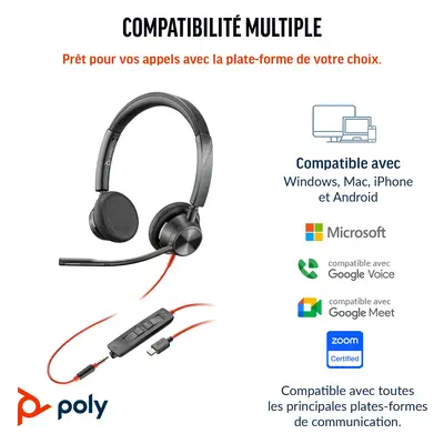 Micro-casque Poly Blackwire 3325 stéréo USB-C + connexion Poly - visuel 1 - hello RSE - Confort longue durée