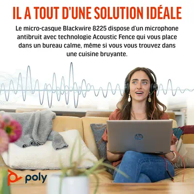 Micro-casque Poly Blackwire 8225 stéréo USB-C + adaptateur Poly - visuel 1 - hello RSE - Technologie Acoustic Fence