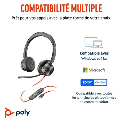 Micro-casque Poly Blackwire 8225 stéréo USB-C + adaptateur Poly - visuel 1 - hello RSE - Technologie hybride avancée ANC