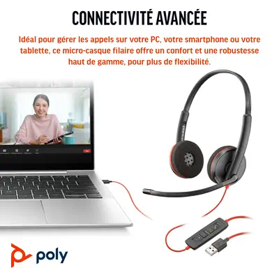 Micro-casque Poly Blackwire 3220 stéréo USB-C + adaptateur USB-C/A - Casque Micro - visuel 3