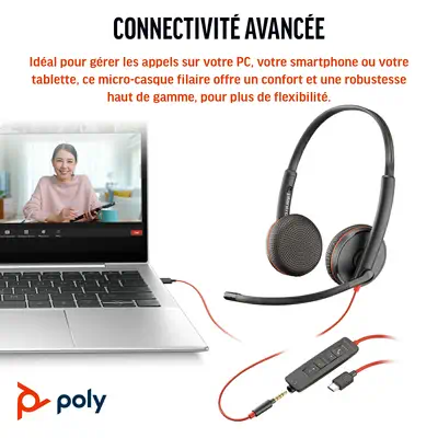 Micro-casque Poly Blackwire 3225 stéréo USB-C + connexion Poly - visuel 1 - hello RSE - Qualité d'appel améliorée