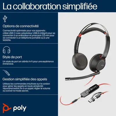 Micro-casque Poly Blackwire 5220 stéréo USB-C + connexion HP - visuel 1 - hello RSE - Une qualité d'appel améliorée