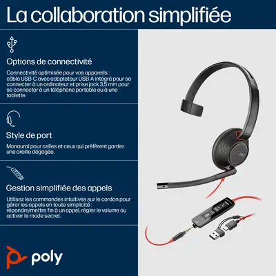 Micro-casque monaural USB-C Poly Blackwire 5210 + prise Poly - visuel 1 - hello RSE - Profitez d’un confort longue durée