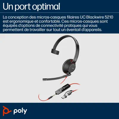 Micro-casque monaural USB-C Poly Blackwire 5210 + prise Poly - visuel 1 - hello RSE - Profitez d’un son exceptionnel