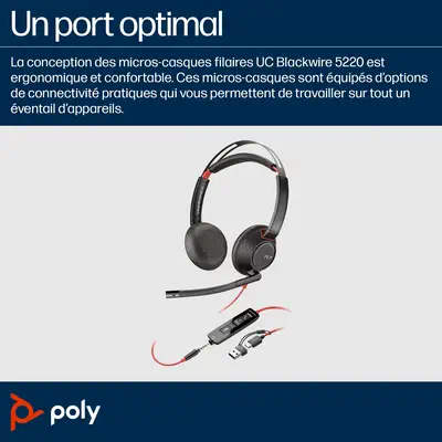 Micro-casque stéréo USB-C Poly Blackwire 5220 + prise Poly - visuel 1 - hello RSE - Options de connectivité