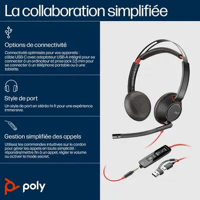 Micro-casque stéréo USB-C Poly Blackwire 5220 + prise Poly - visuel 1 - hello RSE - Gestion simplifiée des appels