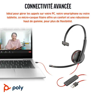 Micro-casque monaural USB-C noir Poly Blackwire 3210 + adaptateur USB-C/A (lot) - HP - Casque Micro - visuel 3