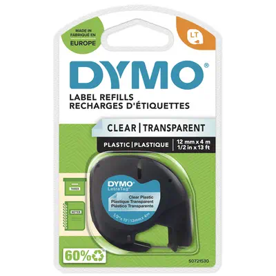 DYMO LetraTag Étiquettes en Plastique Authentique | 12 mm x 4 m | Noir sur Transparent | Étiquettes  - Dymo - Ruban - visuel 1