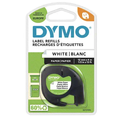 DYMO LetraTag Étiquettes en Papier Authentique | 12 mm x 4 m | Noir sur Blanc | Étiquettes autocolla - Dymo - Ruban - visuel 1