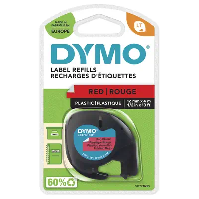 DYMO LetraTag Étiquettes en plastique Authentique | 12 mm x 4 m | impression en noir sur fond rouge  - Dymo - Ruban - visuel 1