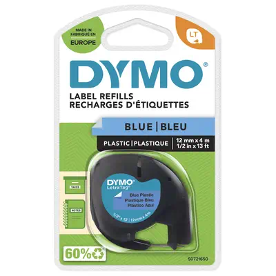 DYMO LetraTag Étiquettes en plastique Authentique | 12 mm x 4 m | impression en noir sur fond bleu | - Dymo - Ruban - visuel 1