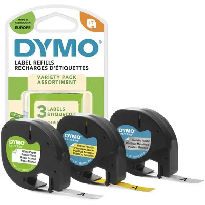 DYMO LetraTag Étiquettes Starter Set | 12 mm x 4 m (3 cassettes) | impression noir sur jaune/argent/ - Dymo - Ruban - visuel 1