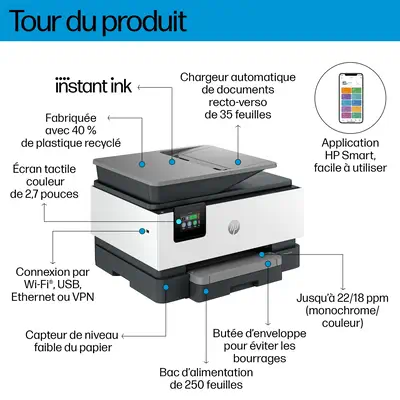 OfficeJet Pro 9122e Sans fil All-in-One Couleur Imprimante, Instant Ink; Impression recto-verso - HP - Multifonctions Jet d'encre - visuel 5