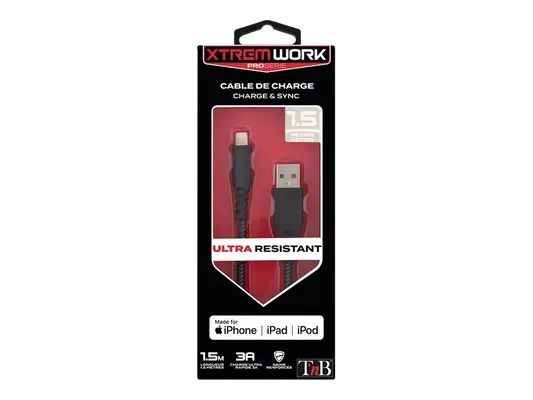 TNB XTREMWORK 1.5m USB Lightning Cable Black/Grey T - T'NB - Câble USB - visuel 3