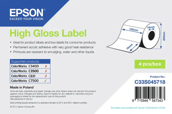 Vente Autres consommables Epson High Gloss Label - Die-cut Roll: 102mm x 76mm, 1570