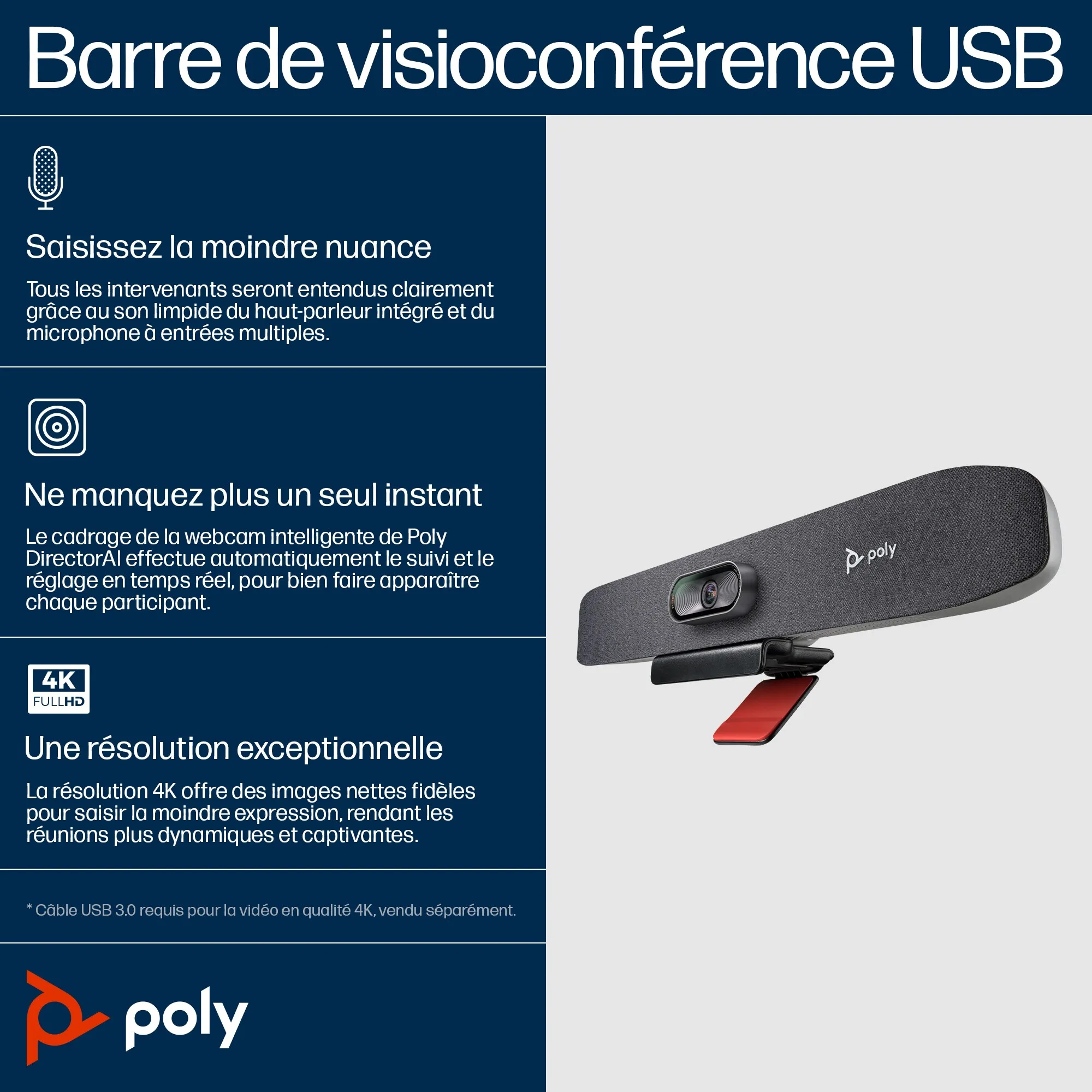 Vente POLY Barre de visioconférence USB Poly Studio R30 POLY au meilleur prix - visuel 8