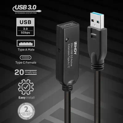 LINDY 20m USB 3.0 Active Extension Type A Lindy - visuel 1 - hello RSE - Conformité complète