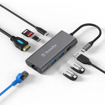 XtremeMac XWH-HUB8-13 hub & concentrateur USB Type-C 40000 Mbit/s Gris - Switchs et Hubs - visuel 1