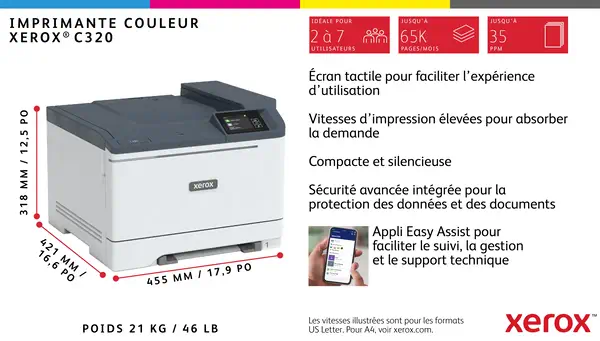 Xerox C320 Imprimante recto verso sans fil A4 33 ppm, PS3 PCL5e/6, 2 magasins Total 251 feuilles - Imprimante Laser - visuel 5