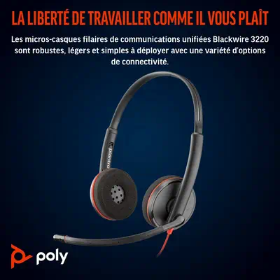 Micro-casque Poly Blackwire 3220 stéréo USB-C + adaptateur USB-C/A - HP - Casque Micro - visuel 4