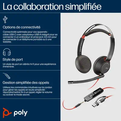 Micro-casque Poly Blackwire 5220 stéréo USB-C + connexion Poly - visuel 1 - hello RSE - Gestion simplifiée des appels