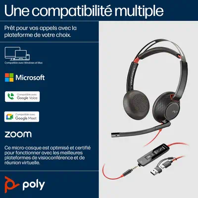 Micro-casque Poly Blackwire 5220 stéréo USB-C + connexion Poly - visuel 1 - hello RSE - Confort et durabilité