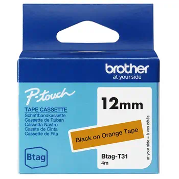 Revendeur officiel BTAG-T31 – Ruban adhésif Brother noir sur orange, 12 mm de large, non laminé