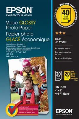Value Glossy Photo Paper - 10x15cm - 2x 20 Feuilles (BOGOF) - Epson - Papier - visuel 1
