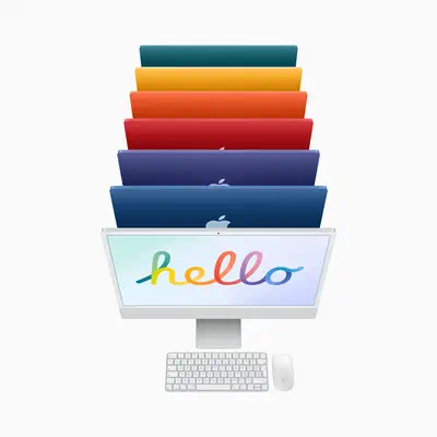 iMac 24'' 4.5K M1 (CPU 8 / GPU Apple - visuel 1 - hello RSE - Système audio à six haut‑parleurs. Le son ici. Là. Partout.