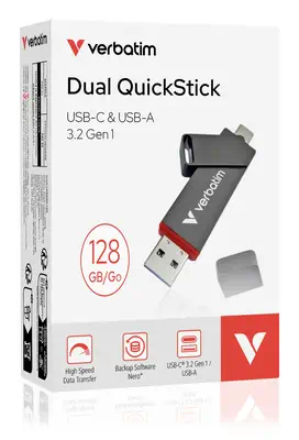 Verbatim Dual QuickStick lecteur USB flash 128 Go USB Type-A / USB Type-C 3.2 Gen 1 (3.1 Gen 1) Gris - Adaptateur stockage - visuel 2