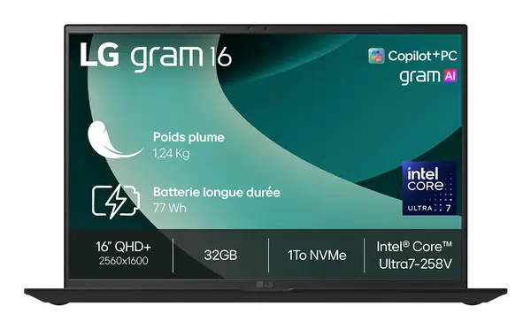 LG Gram 16Z90TL Copilot+ PC Intel Core Ultra 7 258V Ordinateur portable 40,6 cm (16") WQXGA 32 Go LP - PC Portable - visuel 2