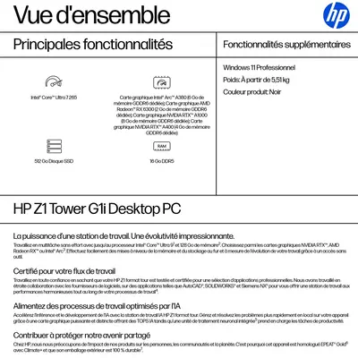 HP Z1 Tower G1i Intel Core Ultra 7 265 16 Go DDR5-SDRAM 512 Go SSD Windows 11 Pro Station de travail - Station de Travail - visuel 6