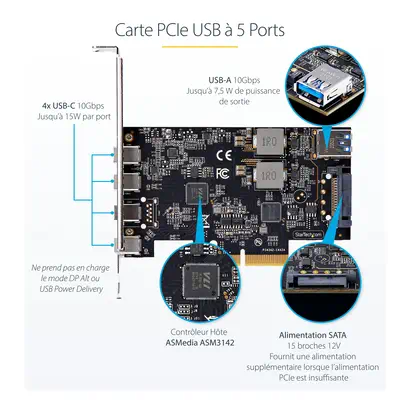 Carte PCIe USB à 5 Ports, USB 3.2 10Gbps, Carte PCI Express avec 4x USB-C et 1x USB-A interne, Carte - StarTech - Switchs et Hubs - visuel 10