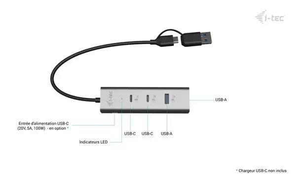 Universal Charging Metal HUB 2xUSB-C + 2x USB-A I-Tec - visuel 1 - hello RSE - Voyants lumineux pratiques