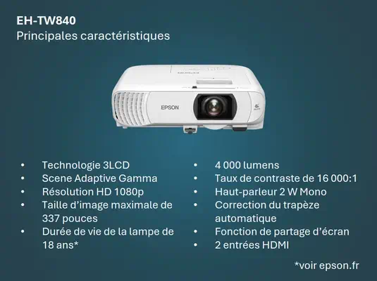 Epson EH-TW840 4000 ANSI lumens 3LCD 1080p (1920x1080) Blanc - Vidéoprojecteur Professionnel - visuel 1