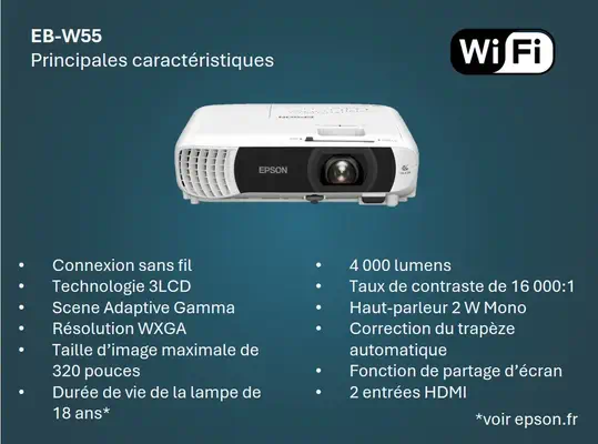 Epson EB-W55 4000 ANSI lumens 3LCD WXGA (1200x800) Blanc - Vidéoprojecteur Professionnel - visuel 2