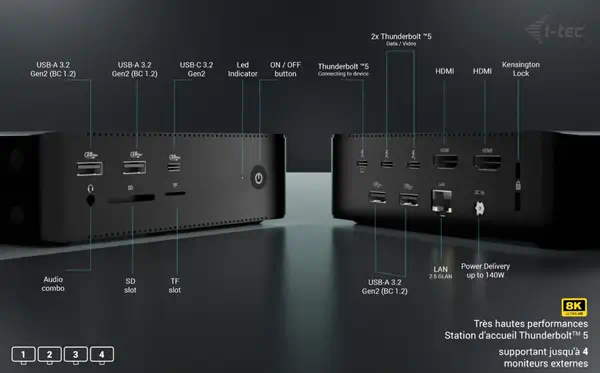 Thunderbolt5 Quattro Display Docking Station, 5x USB, 2.5 GLAN + Power Delivery 140W - I-Tec - Station d'accueil pour portable - visuel 5
