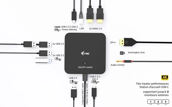 USB-C DP Dual HDMI Docking Station with Power Delivery 100 W + Universal Charger 100W - I-Tec - Station d'accueil pour portable - visuel 4