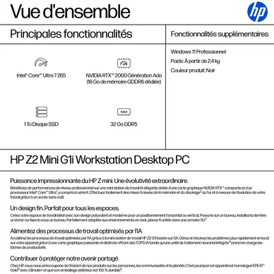 HP Z2 G1i Intel Core Ultra 7 265 32 Go DDR5-SDRAM 1 To SSD NVIDIA RTX 2000 Ada Windows 11 Pro Mini P - Station de Travail - visuel 3