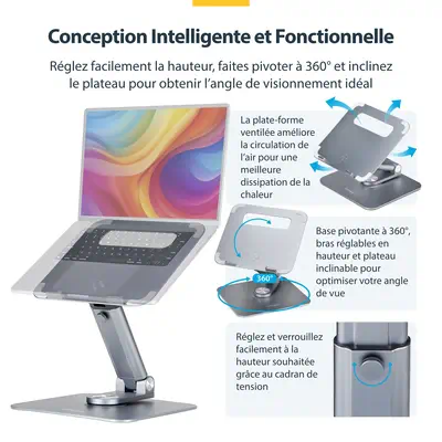 Support Télescopique pour PC Portable, Base Pivotante à 360&deg;, Support Rotatif pour Bureau, Haute - StarTech - Accessoires Tablette - visuel 10