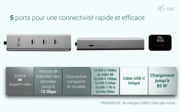 USB-C Charging Metal HUB 5port with USB-C video 8K + Power Delivery 85W - I-Tec - Station d'accueil pour portable - visuel 10